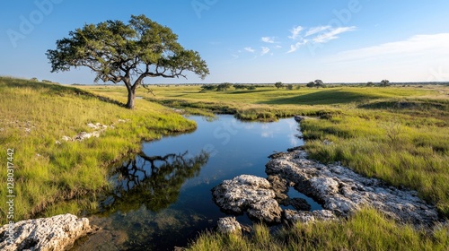 Lone tree reflects in tranquil Texas creek, summer pasture