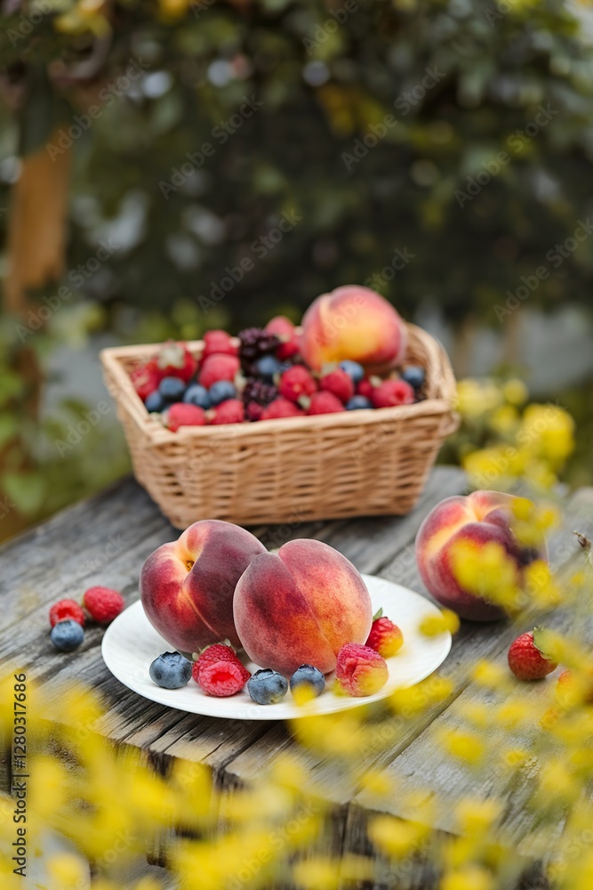 Fresh peaches with berries on wooden table Fresh peaches with berries on wooden table