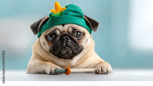 A playful pug dressed in a green hat with a feather, lying on a table in a bright, cheerful room photo