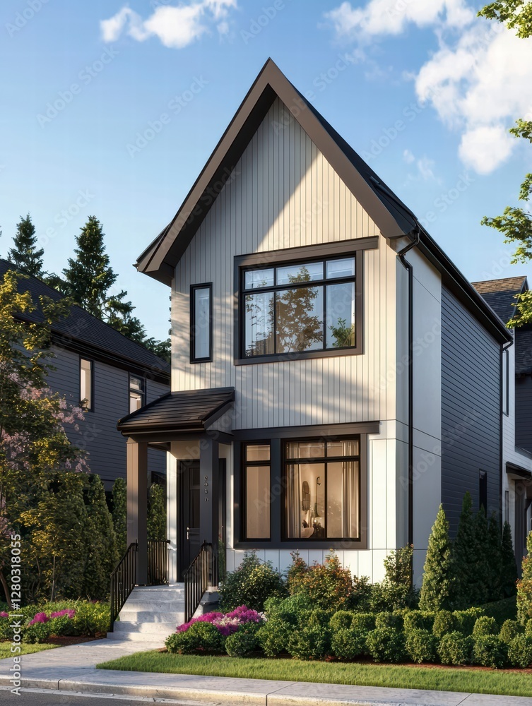 Obraz premium Modern House Architecture: Contemporary residential architecture, showcasing a stylish two-story house with sleek lines, modern design elements, and a vibrant blend of materials.