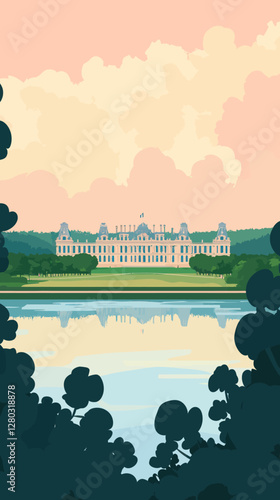 Retro Versailles Tourism Poster Featuring French Landscape and Palace Reflection