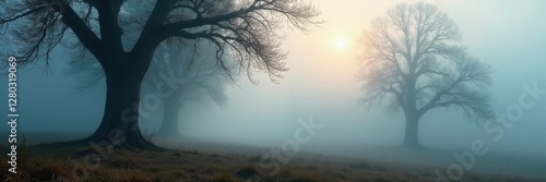 Ancient trees shrouded in thick fog, cold morning mist , nature, shadow, old