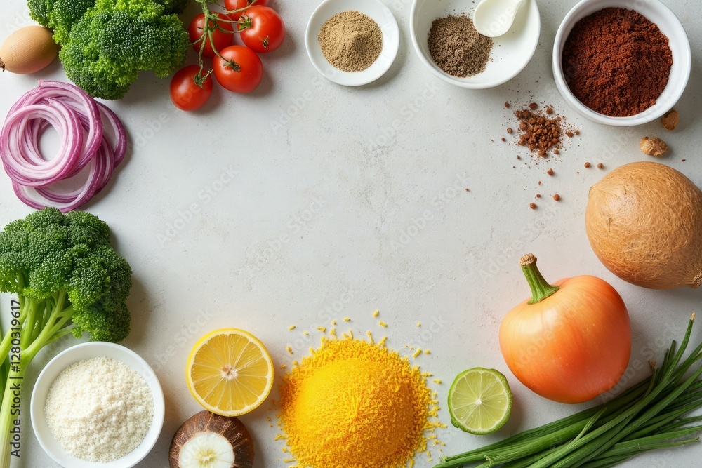 Fresh Vegetables And Spices Arranged For Cooking Purposes On White Surface Fresh Vegetables And Spices Arranged For Cooking Purposes On White Surface