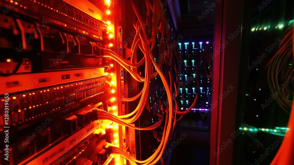 Obraz premium Brightly Lit Server Room with Colorful Network Cables and Lights