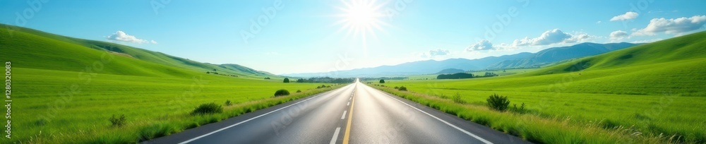 Naklejka premium Long straight highway disappearing into sunny blue sky above rolling green hills, countryside, scenic