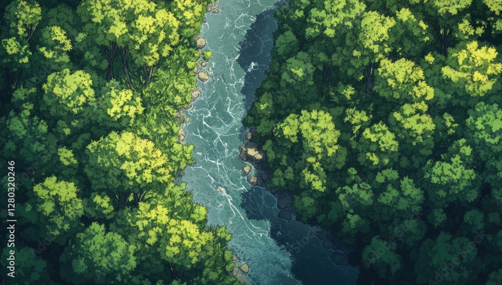 Naklejka premium Verdant Forest River Canyon Aerial View
