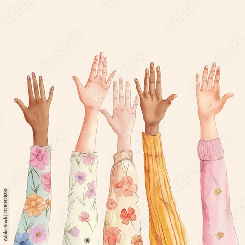 Colorful and diverse hands are overlapping and reaching upwards in a celebration of women's rights, capturing the spirit of unity and empowerment for International Women's Day