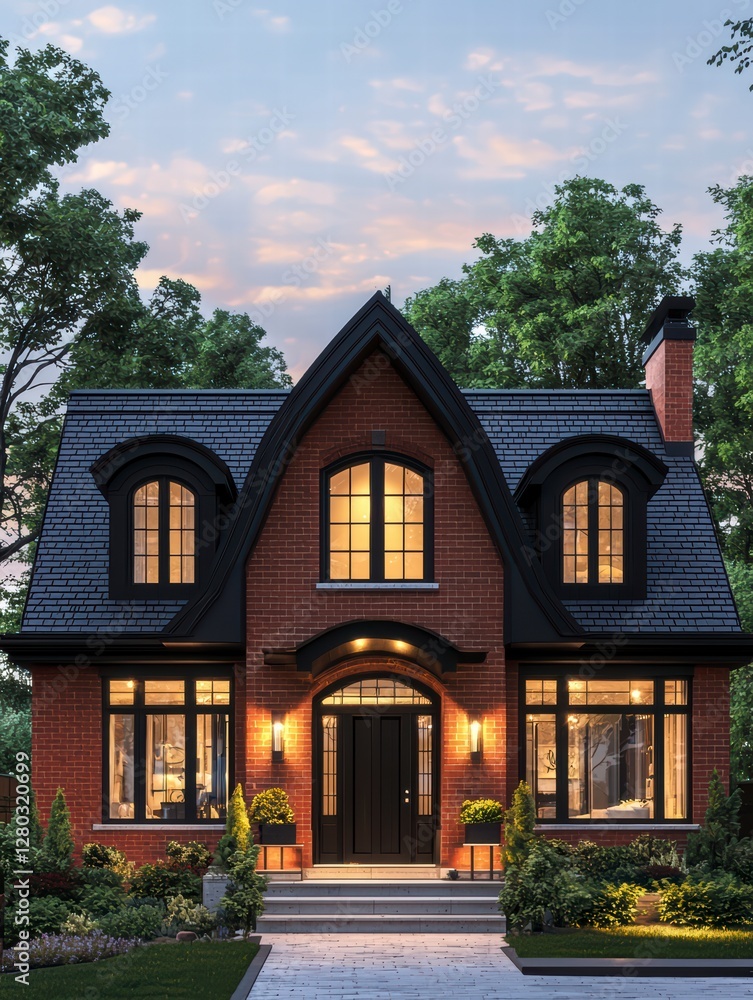 Elegant Home Exterior: A beautifully crafted house showcases architectural design with intricate details, surrounded by lush greenery under a serene sky Elegant Home Exterior: A beautifully crafted house showcases architectural design with intricate details, surrounded by lush greenery under a serene sky