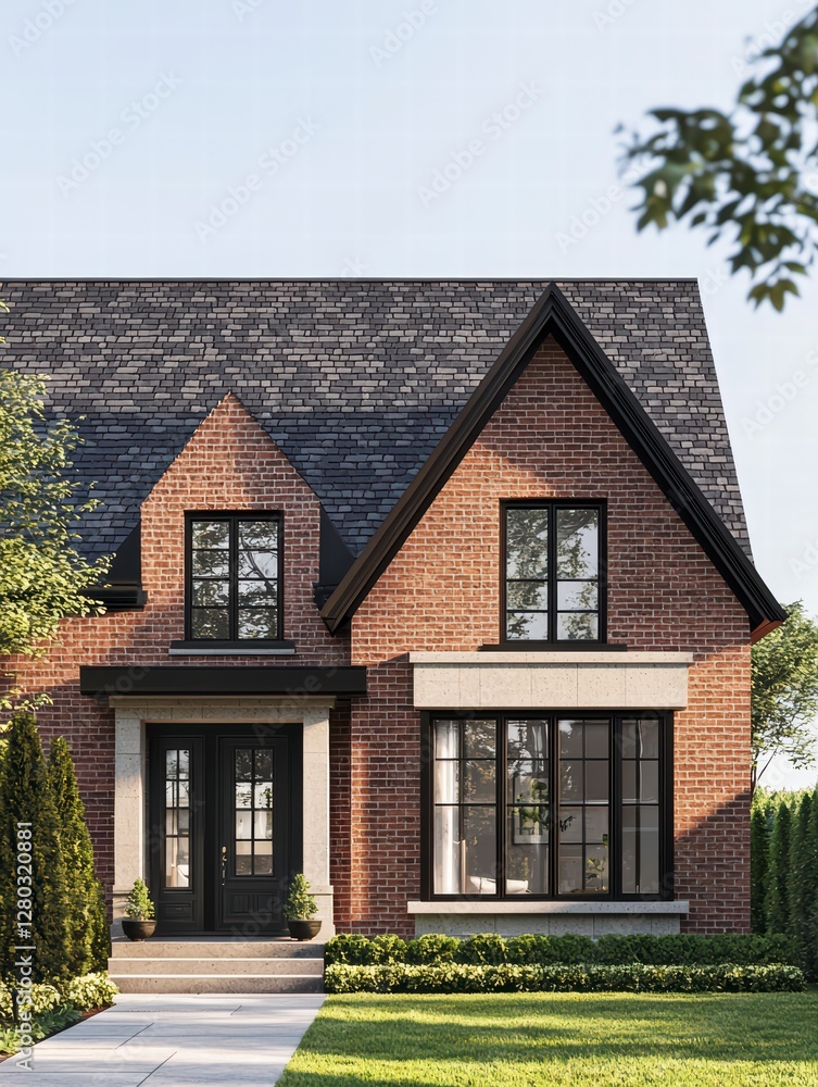 Captivating Brick Home Exterior: A stunning, photorealistic shot showcases the exterior of a classic brick house with intricate architectural details and a welcoming atmosphere.