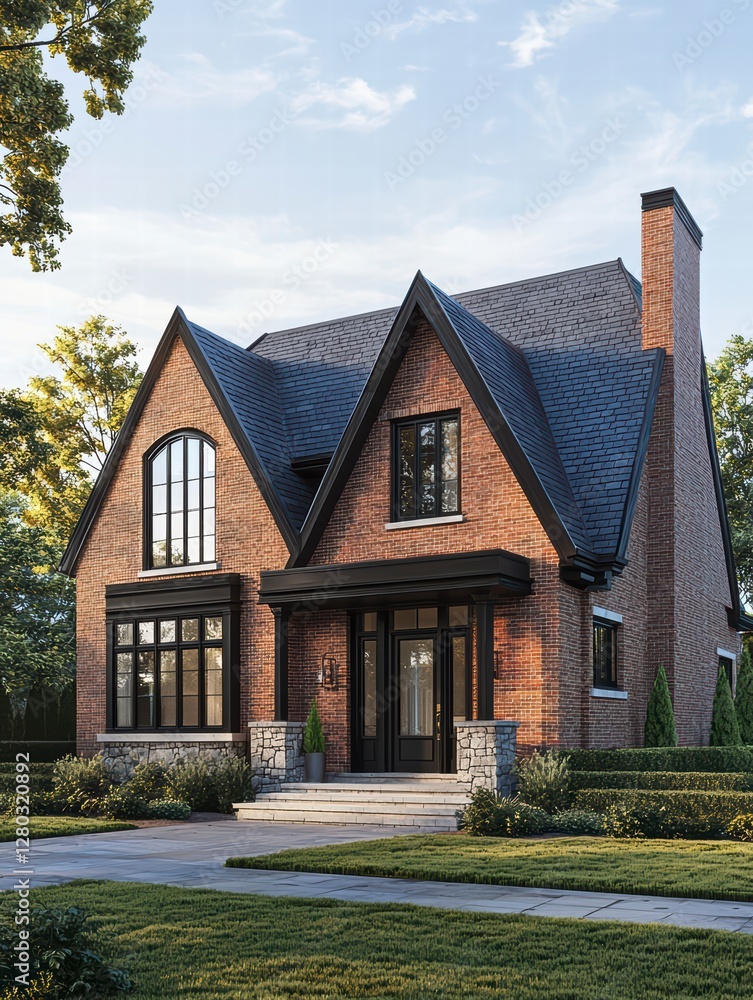 Elegant Brick Home: A stunning, newly-constructed brick home showcasing architectural details. Featuring a charming exterior and the warm sunlight. Elegant Brick Home: A stunning, newly-constructed brick home showcasing architectural details. Featuring a charming exterior and the warm sunlight.