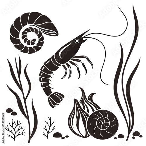 Black and White Shrimp Illustration: Seafood Graphic with Seashells, Seaweed, and Marine Life Elements for Design Projects
