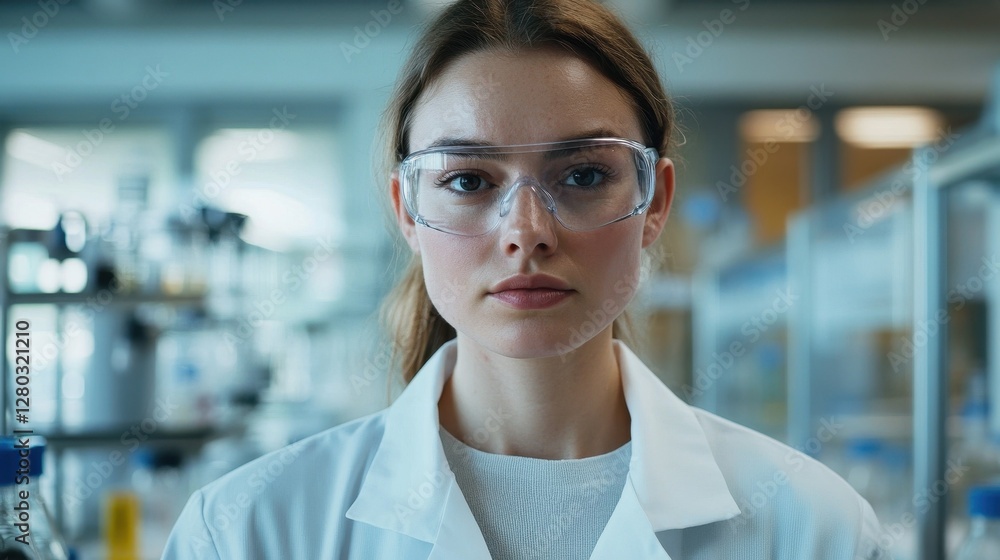 Fototapeta premium A young European female scientist with glasses appears focused in a laboratory. Dressed in a lab coat, she is engaged in research and analysis, showcasing dedication to her field.