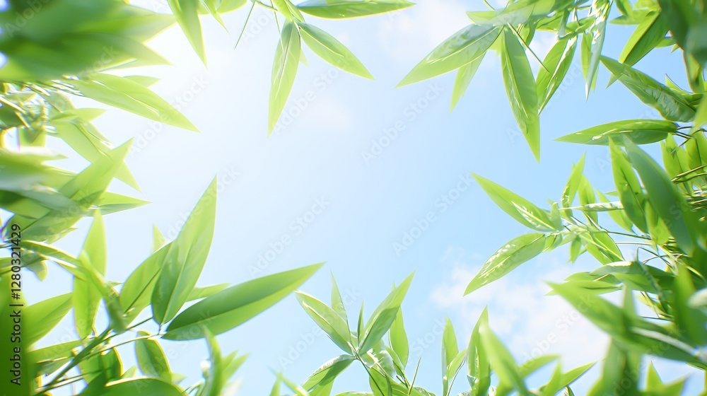 Fototapeta premium Bright Sunlight Through Lush Green Leaves Against a Blue Sky