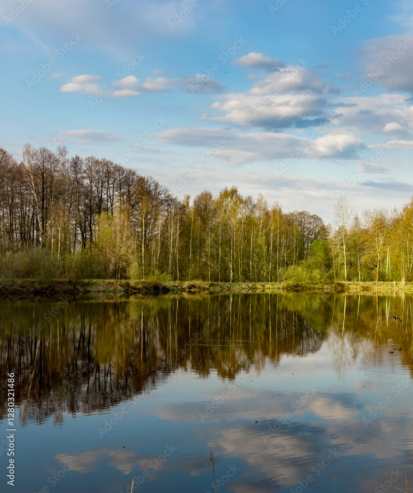 Calm lake with trees in the background Calm lake with trees in the background