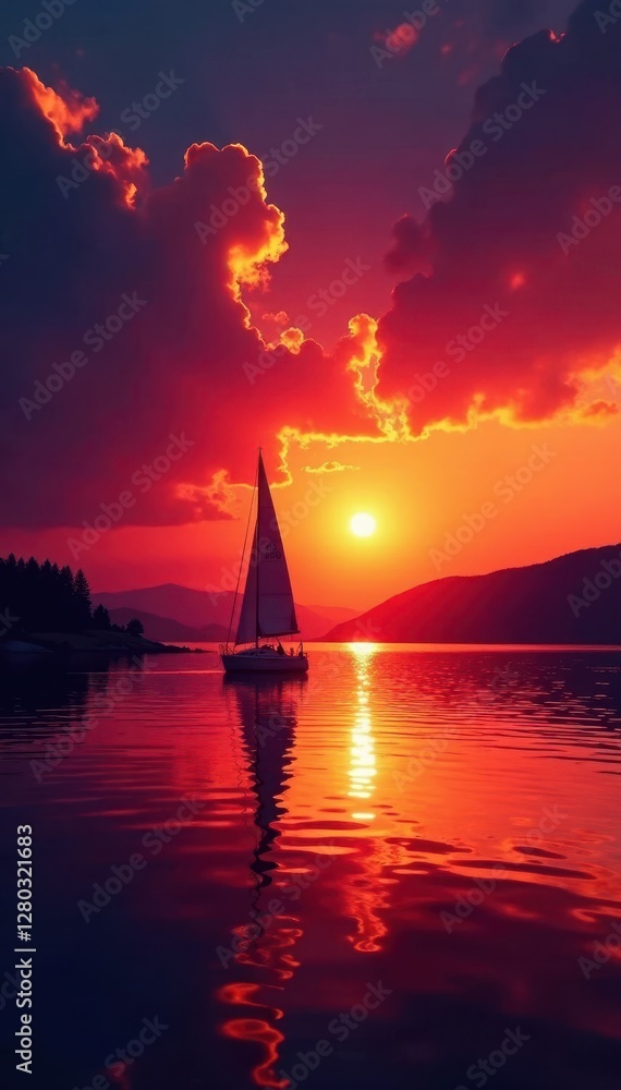 Fiery sunset paints Lake Superior, sailboat silhouetted against vibrant sky , ocean, golden hour Fiery sunset paints Lake Superior, sailboat silhouetted against vibrant sky , ocean, golden hour