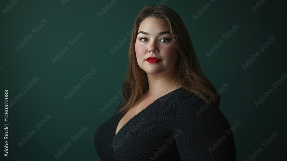 A full-body studio portrait of an overweight woman in her thirties, posing for the camera against a dark green background A full-body studio portrait of an overweight woman in her thirties, posing for the camera against a dark green background