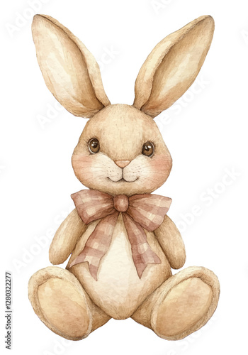 Adorable watercolor illustration of a plush bunny with a gingham bow, vintage-inspired soft toy art, isolated with transparent background