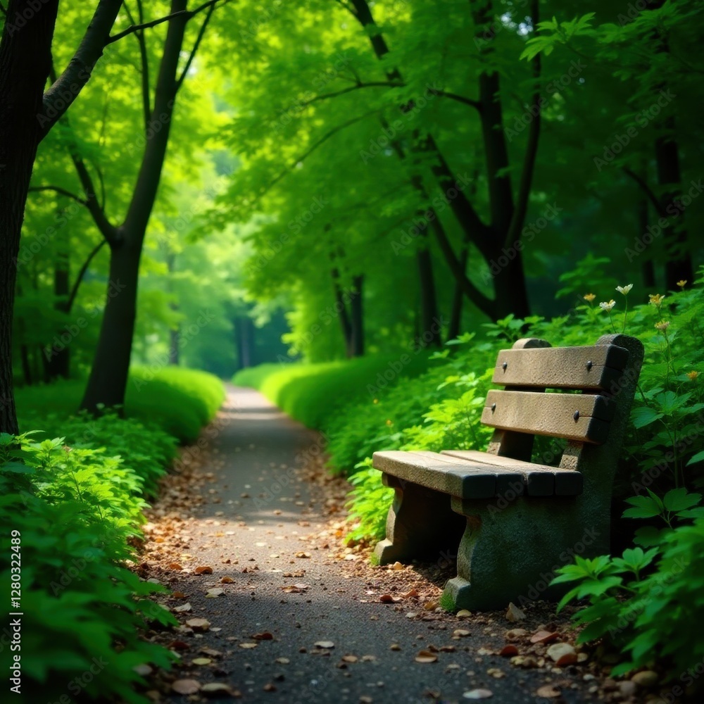 Stone bench beside tranquil path, lush foliage , foliage, bush, park Stone bench beside tranquil path, lush foliage , foliage, bush, park