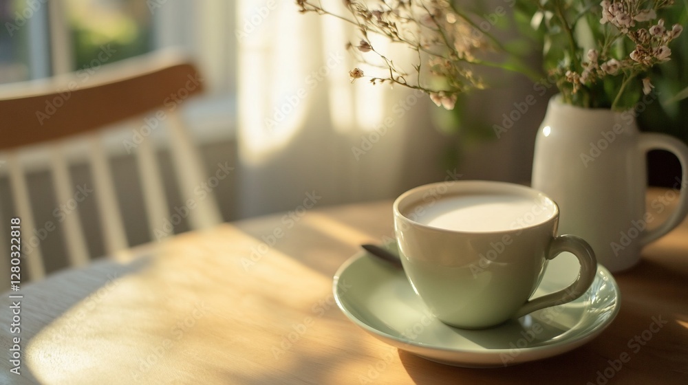 Obraz premium Sunlit Cafe Latte, flowers, morning, wooden table, calm