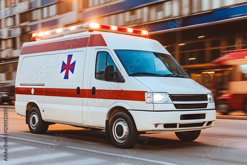 Emergency ambulance responding to a call in a busy urban environment with blurred city background photo