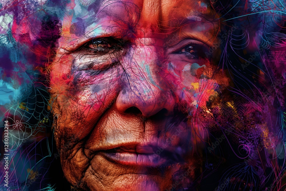 Fototapeta premium A striking digital art piece features a woman's face with a determined expression