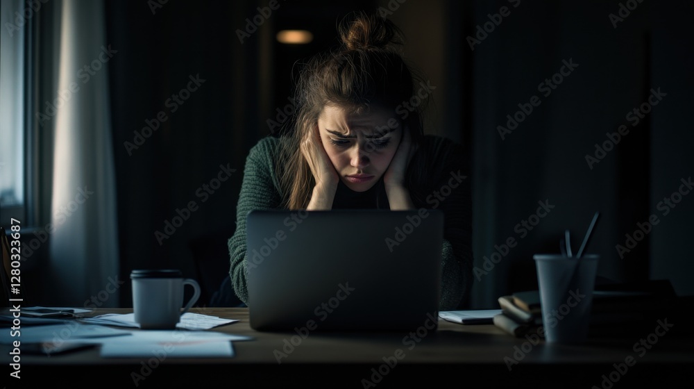 Fototapeta premium Worried user sitting at a desk, staring blankly at a laptop with a troubled look. Featuring confusion and anxiety