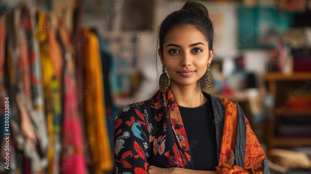 A young South Asian female fashion designer poses confidently in her studio, surrounded by colorful fabrics and handcrafted accessories, showcasing her unique style. A young South Asian female fashion designer poses confidently in her studio, surrounded by colorful fabrics and handcrafted accessories, showcasing her unique style.