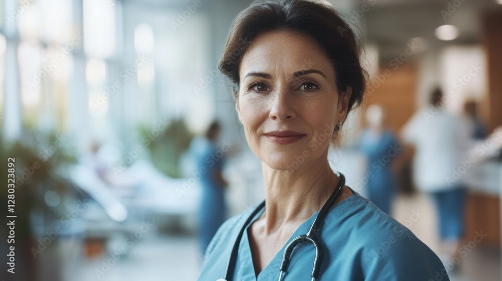 A middle-aged European nurse poses confidently in a modern healthcare environment, showcasing professionalism and compassion in patient care. A middle-aged European nurse poses confidently in a modern healthcare environment, showcasing professionalism and compassion in patient care.