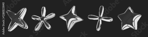 Y2k 3d chrome halftone stars shape retro abstract elements vector illustration set. Chrome silver 3d metallic halftone semitone retro effect collection. Y2k space various star retro futuristic shapes.
