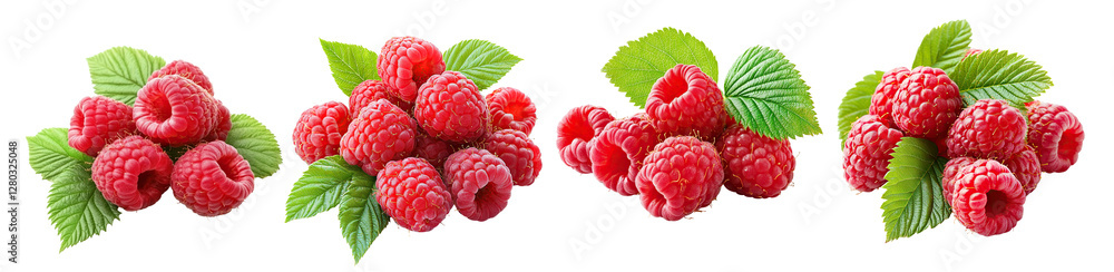 Set of fresh ripe raspberries with green leaves, isolated on transparent cutout background Set of fresh ripe raspberries with green leaves, isolated on transparent cutout background