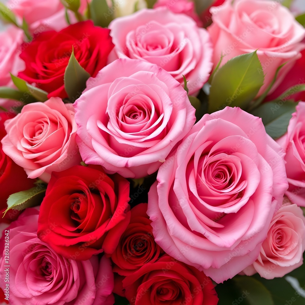 Close-up of roses, pink and red blooms, detailed petals, soft focus, romantic floral arrangement Close-up of roses, pink and red blooms, detailed petals, soft focus, romantic floral arrangement
