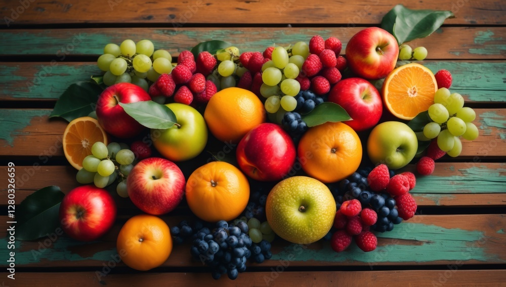 Artistic Fresh Fruit Display on a Rustic Wooden Table Artistic Fresh Fruit Display on a Rustic Wooden Table