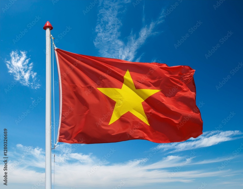 Vietnam flag waving in the wind on a blue sky background