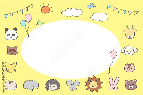 ゆるかわいい手書きの動物のフレーム　キッズ　幼稚園　保育園