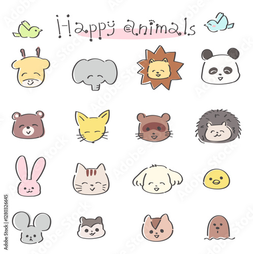 ゆるかわいい落書き風の動物イラストセット　顔　カラフル