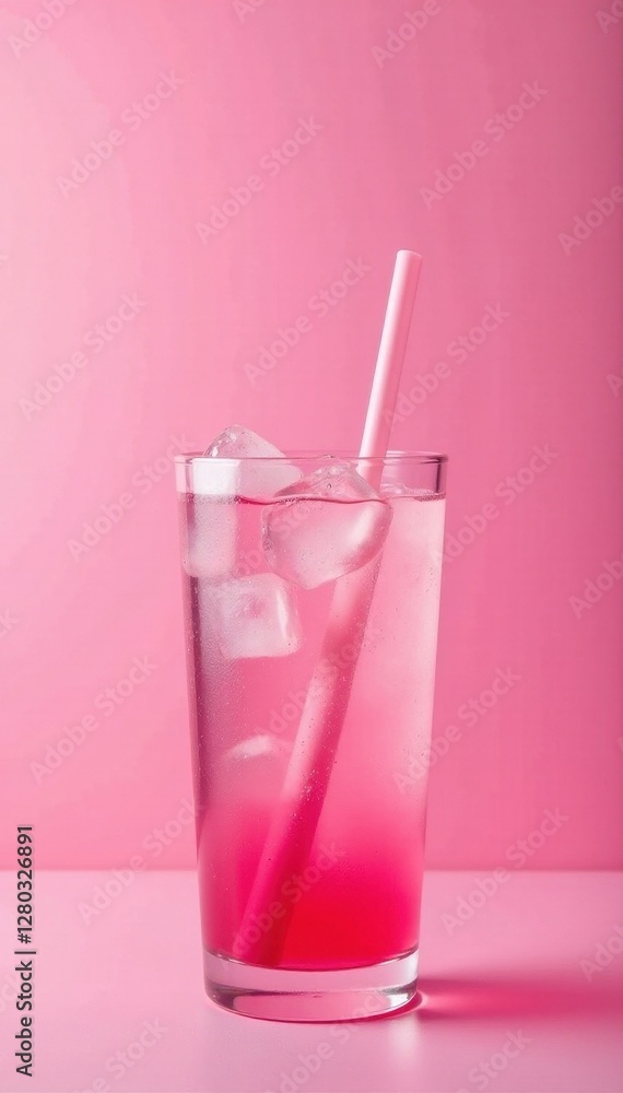Tall pink drink, ice cubes, straw, soft pink background, vibrant, pastel Tall pink drink, ice cubes, straw, soft pink background, vibrant, pastel