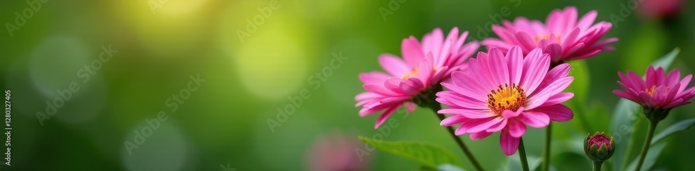 Cluster of vibrant pink New York asters, bokeh green leaves, new york aster, vibrant Cluster of vibrant pink New York asters, bokeh green leaves, new york aster, vibrant
