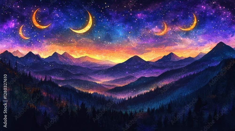 Fototapeta premium Celestial Crescents Above Mountain Ridges with Starry Twilight A Mesmerizing Dreamy Nightscape Landscape Scene for Fantasy Illustration