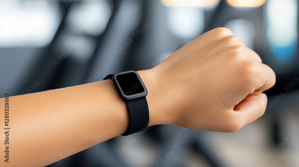 Fitness activity tracking smartwatch on arm gym environment wearable tech close-up view Fitness activity tracking smartwatch on arm gym environment wearable tech close-up view