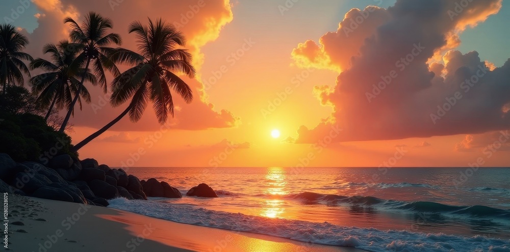 Golden sunset hues paint sky above swaying palms, tranquil sea, clouds, hd Golden sunset hues paint sky above swaying palms, tranquil sea, clouds, hd