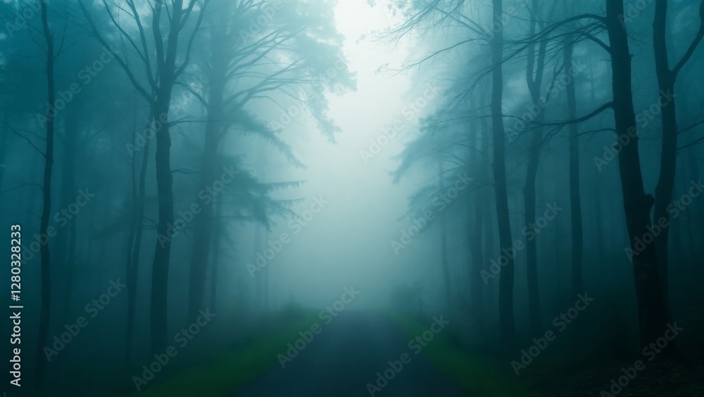 Naklejka premium Cinematic Foggy Forest Path with Enchanted Atmosphere