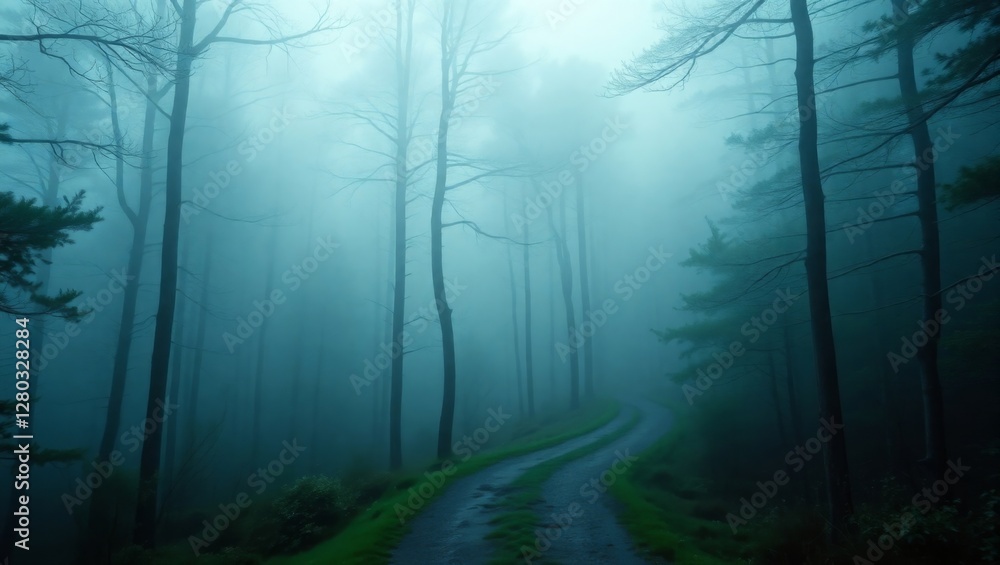 Naklejka premium Cinematic Foggy Forest Path with Enchanted Atmosphere