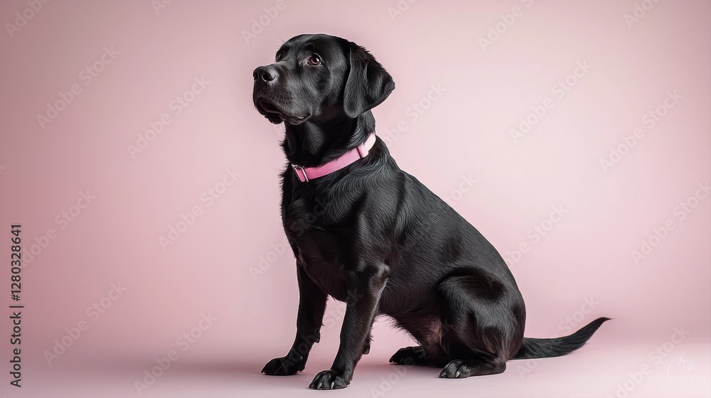 A black Labrador sitting gracefully against a soft pink backdrop, showcasing its elegant posture and playful demeanor. A black Labrador sitting gracefully against a soft pink backdrop, showcasing its elegant posture and playful demeanor.