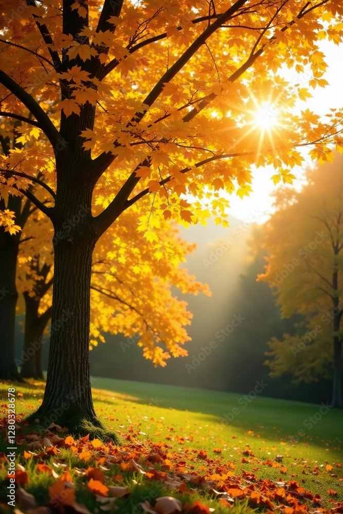 Sunlit yellow leaves shimmer on the tree's limbs in an autumn landscape, sunny, greenery Sunlit yellow leaves shimmer on the tree's limbs in an autumn landscape, sunny, greenery