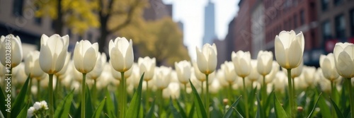 White tulips bloom amidst NYC spring cityscape , vibrant, nature, architecture