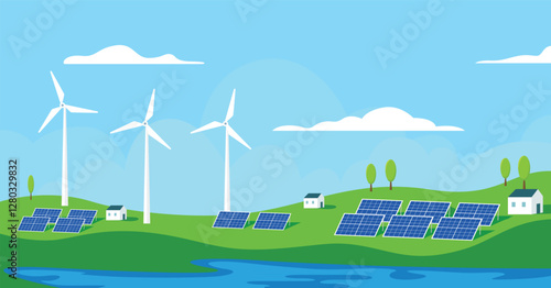 Wind electricity generators and solar panels, nature landscape, Renewable energy power concept