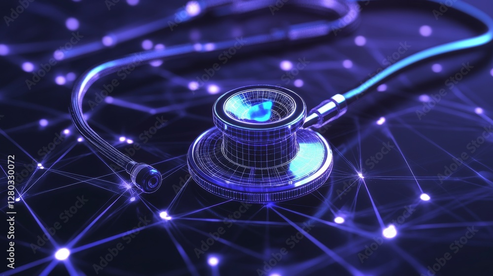 Stethoscope placed on a glowing digital Stethoscope placed on a glowing digital