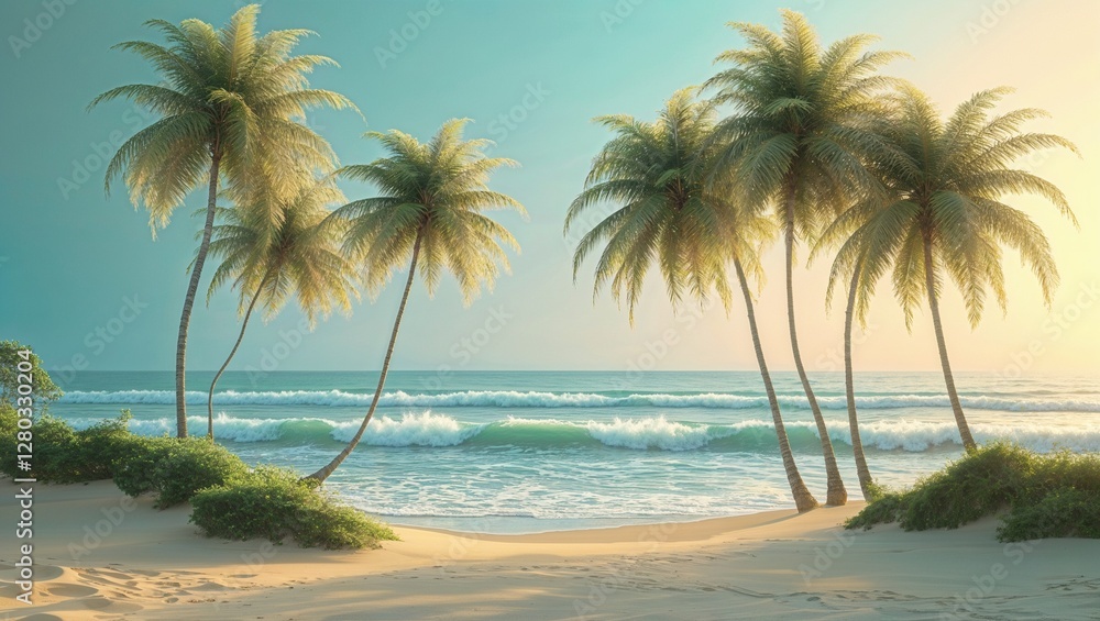 Fototapeta premium Find Similar File #: 877660757 A serene beach scene captures the essence of relaxation with palm fronds partially shading the sunlit sandy shore, accompanied by a calm turquoise sea and blue skies 
