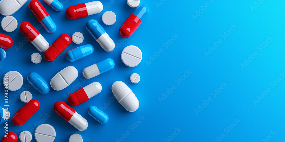 Colorful capsules and tablets scattered on blue background Colorful capsules and tablets scattered on blue background