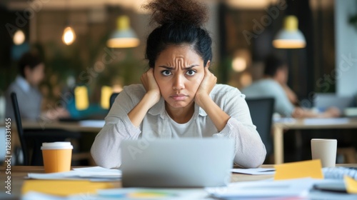 Worried user sitting at a desk, with furrowed brows and a tense expression. Featuring emotional stress and mental overload